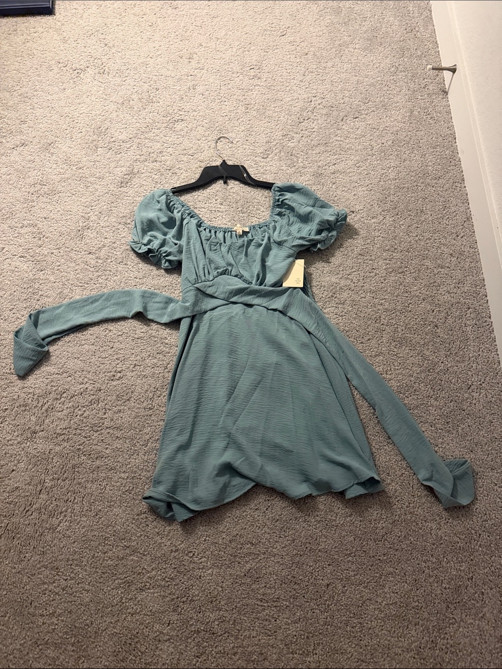 Sage Puff-Sleeve Wrap Mini Dress